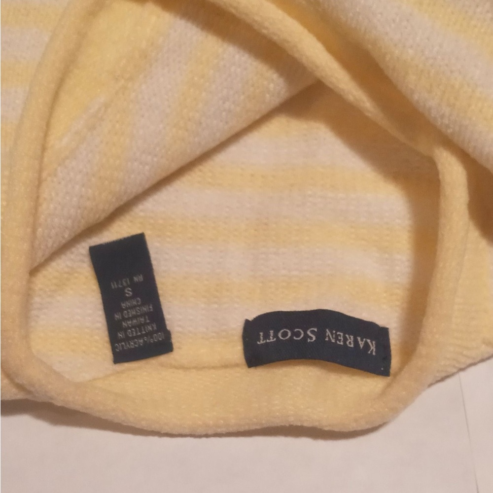 Karen Scott yellow and white striped sweater.